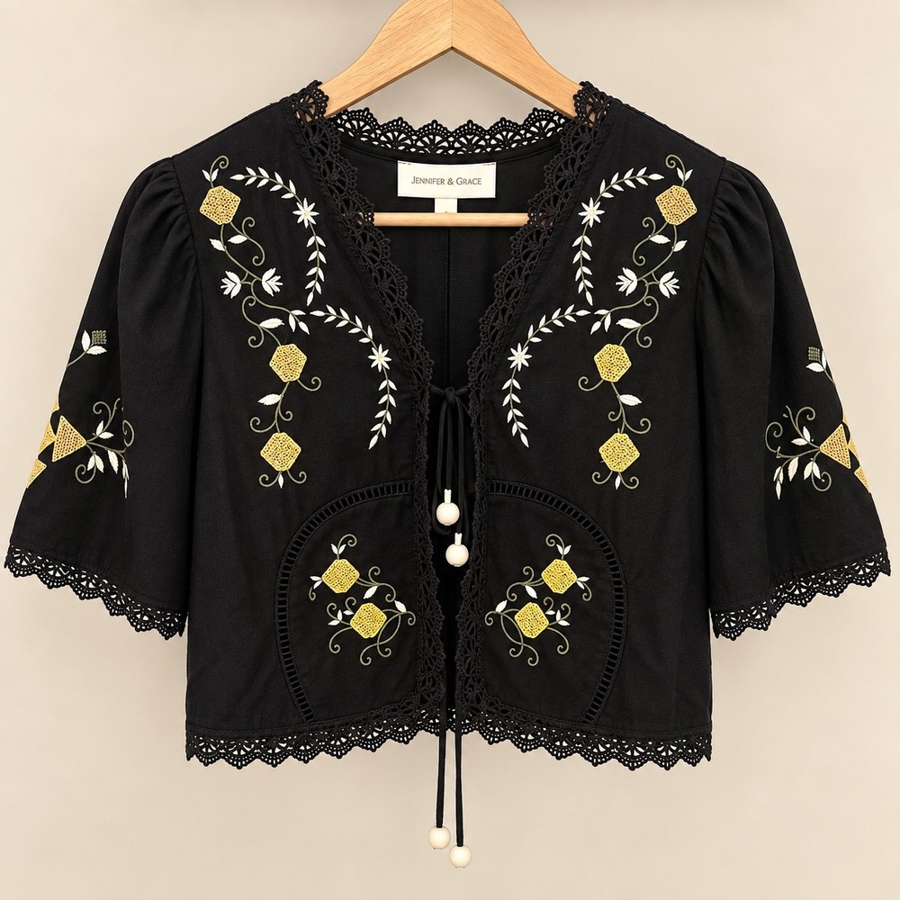 Jennifer & Grace Embroidered Cotton Lace Trim Tie Front Top S NWT Festival Fairy